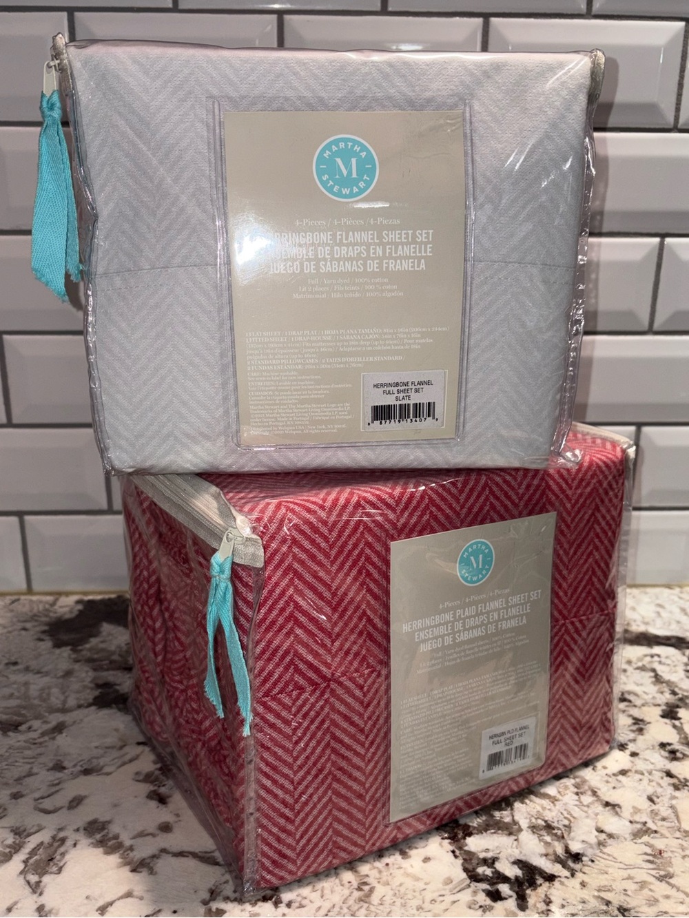 🛏️ New Martha Stewart Flannel Herringbone Sheet Set. Full. Red or Slate Grey.